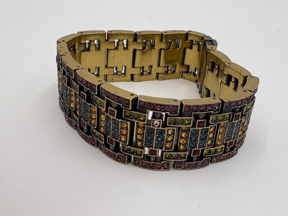 Heidi Daus Multicolor Crystal Wide Statement Bracelet Art Deco Gold Tone